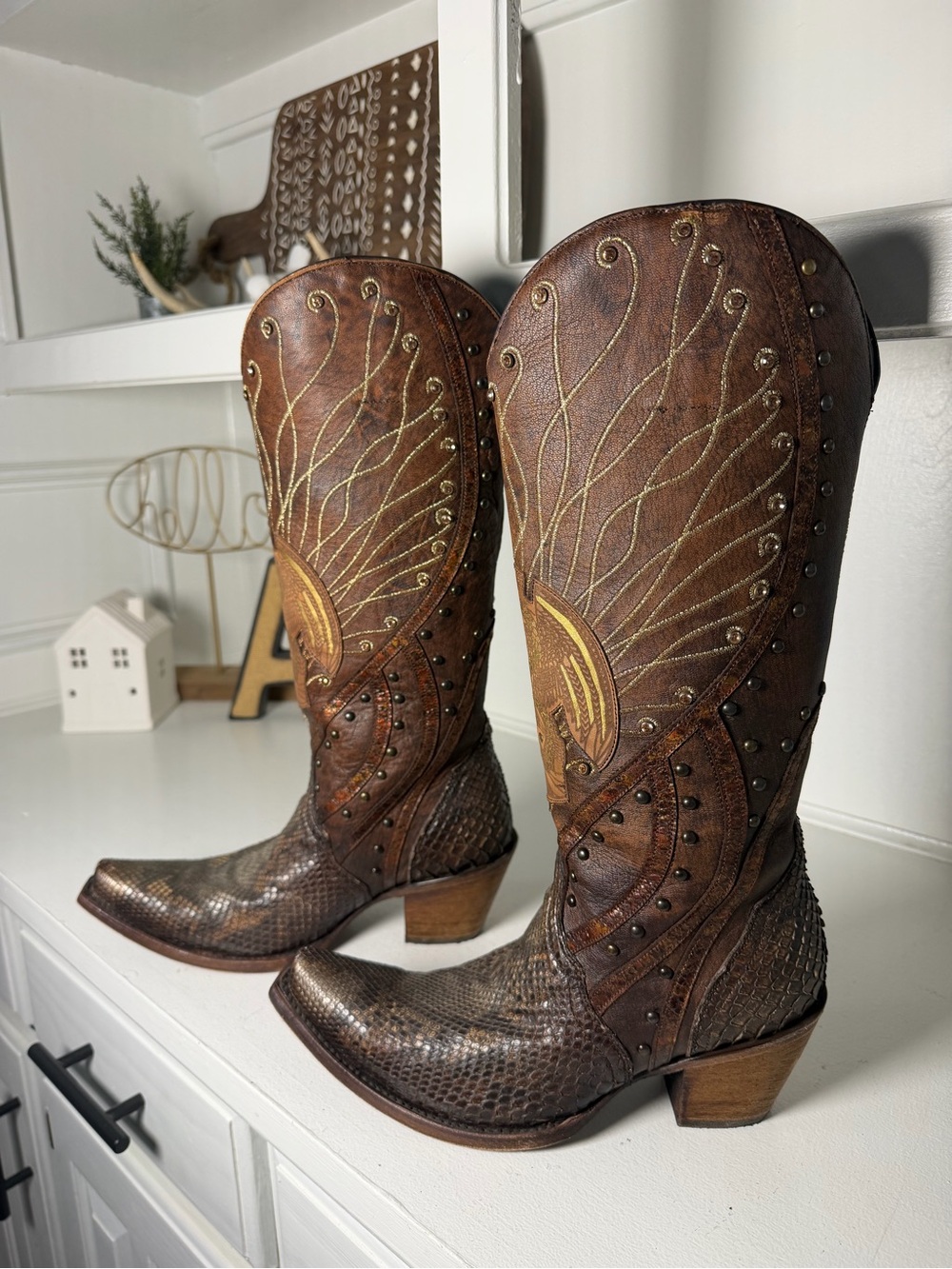 Corral Womens 7.5 Metallic Brown Cowboy Boots Studded Embroidered Western